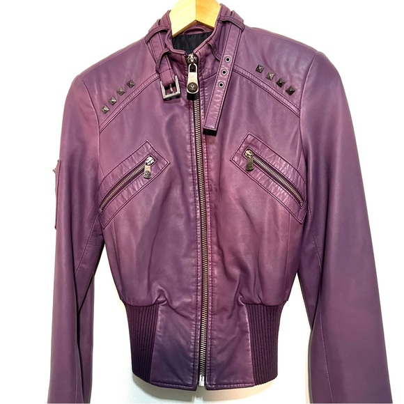❌❌SOLD❌❌Rock & Republic Cropped Purple Leather Studded Bomber Jacket, Size small - Picture 1 of 16